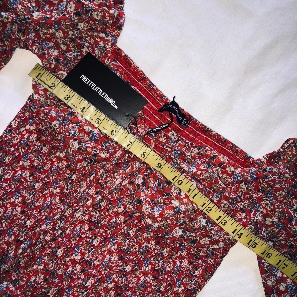 Pretty Little Thing Red/ Floral Print Long Sleeve Mini Sweetheart Dress NWT- 6 - Picture 9 of 12